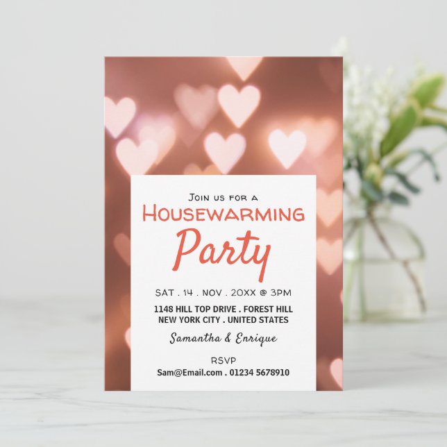 Bokeh Lights, Pink Heart Housewarming Party Invite (Standing Front)