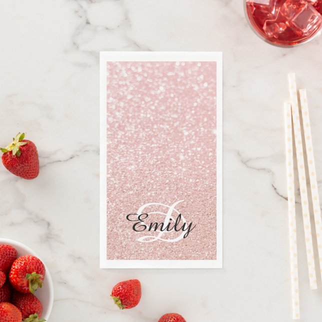 Bokeh Pale Rose Gold Glitter Personalized Monogram Napkin (Insitu)