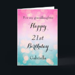 Bokeh Pink and Blue 21st Birthday Card<br><div class="desc">A pretty bokeh blue and pink 21st birthday card for granddaughter,  daughter,  niece,  etc. The front of this pretty 21st birthday can be easily personalized with the birthday recipient's name. The inside card message can also be personalized. This would make a great birthday keepsake for her twenty first birthday.</div>