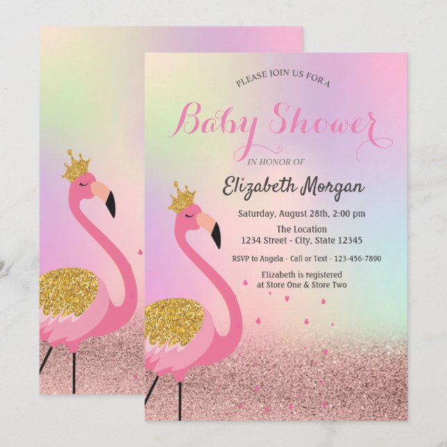 Bokeh,Pink Flamingo Holographic Baby Shower Invitation (Front/Back)