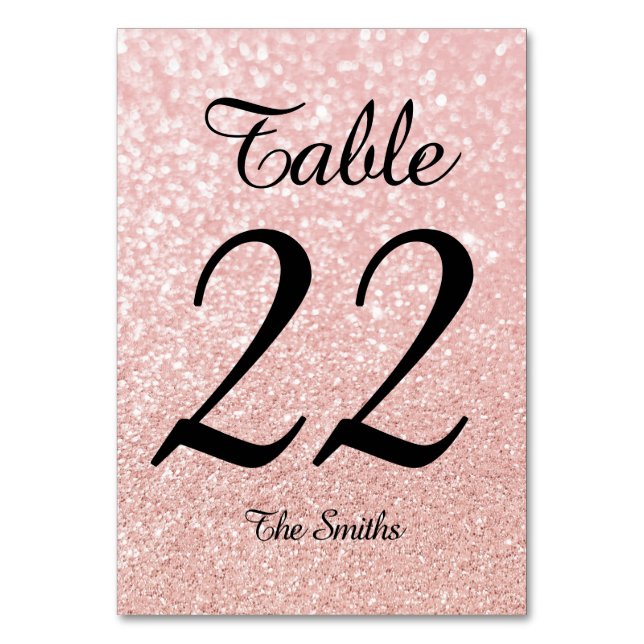 Bokeh Rose Gold Glitter Modern Calligraphy Table Number (Front)
