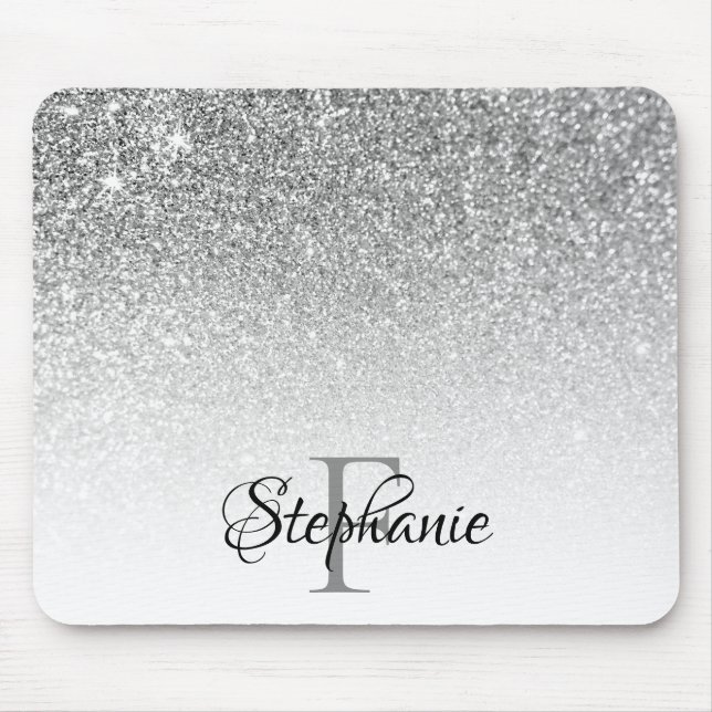 Bokeh Silver Grey Glitter White Ombre Monogram Mouse Pad (Front)