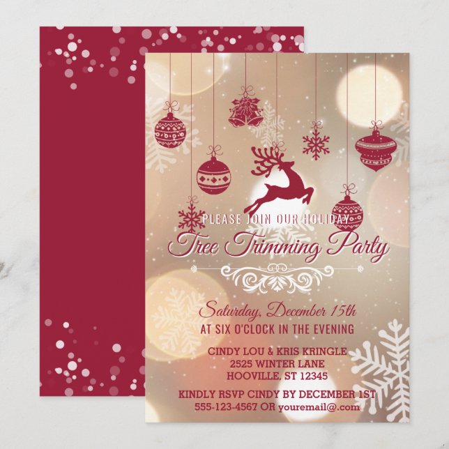 Bokeh Snowflakes Red Holiday Tree Trimming Party Invitation (Front/Back)
