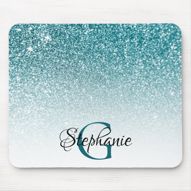 Bokeh Teal Glitter White Ombre Monogram Mouse Pad (Front)