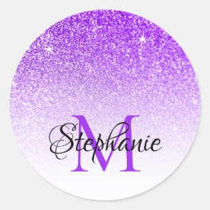 Bokeh Violet Glitter White Ombre Monogram Classic Round Sticker
