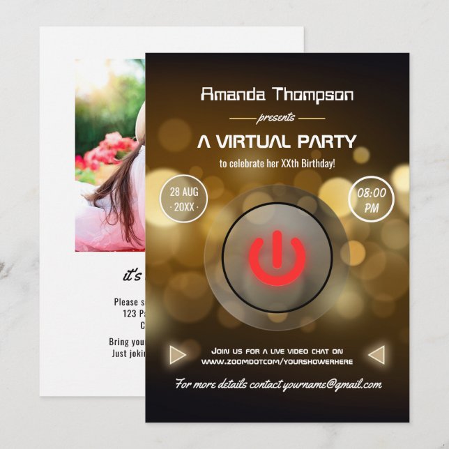 Bokeh Virtual Birthday Party Photo Invitation (Front/Back)