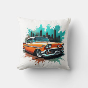 Bold 1958 Car with Skyline and Paint Splash Design Throw Pillow