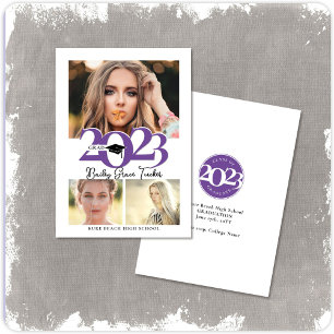 Bold 2023 GRAD Cap 3-Photo Purple Graduation Announcement