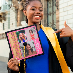 Bold 2024 Gold Hot Pink Multi Photo Graduate Graduation Cap Topper