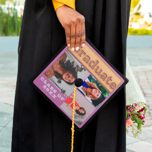 Bold 2024 Gold Lavender Multi Photo Graduate Graduation Cap Topper