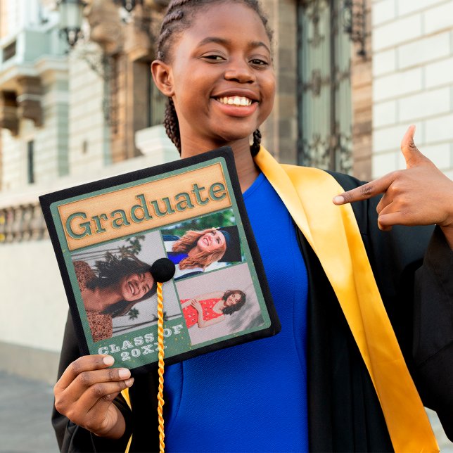 Bold 2024 Gold Sage Green Multi Photo Graduate Graduation Cap Topper (Creator Uploaded)