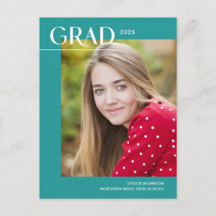 Bold 2025 Grad Simple Aqua Photo Graduation Postcard