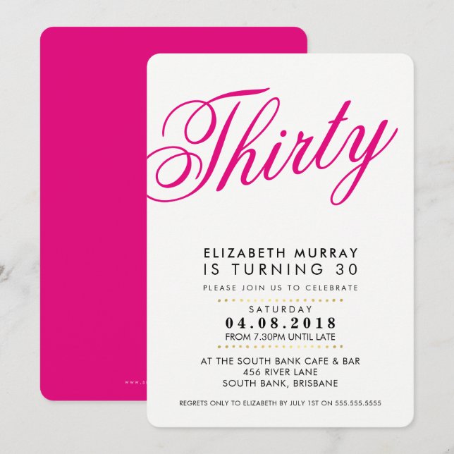 BOLD 30E anniversaire INVITATION script noir rose (Devant / Derrière)