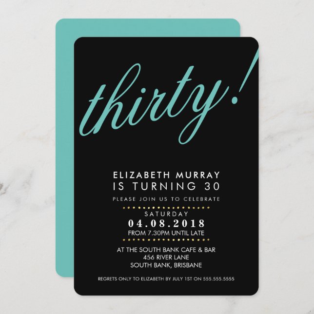BOLD 30TH birthday party INVITE script black mint (Front/Back)