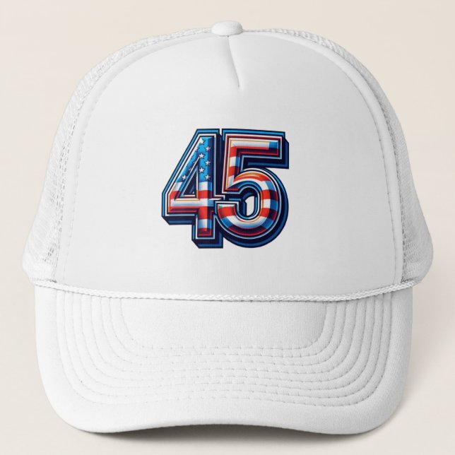 Bold 45th Birthday Mug – American Flag Balloon Sty Trucker Hat (Front)