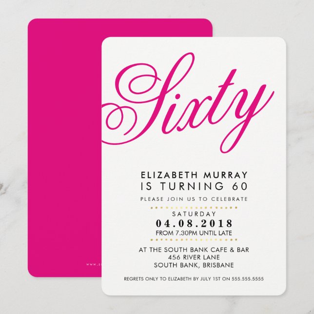 BOLD 60TH birthday party INVITE script black pink (Front/Back)