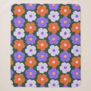 Bold 70s Retro Flower Pattern Purple Green Cozy Sherpa Blanket
