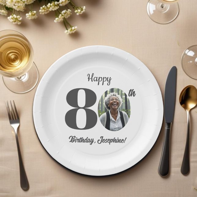 Bold 80th Birthday Party Photo Paper Plate (Creator Uploaded)