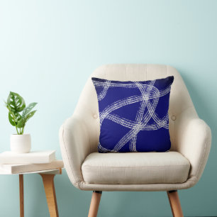 bold abstract art white lines on dark blue throw pillow
