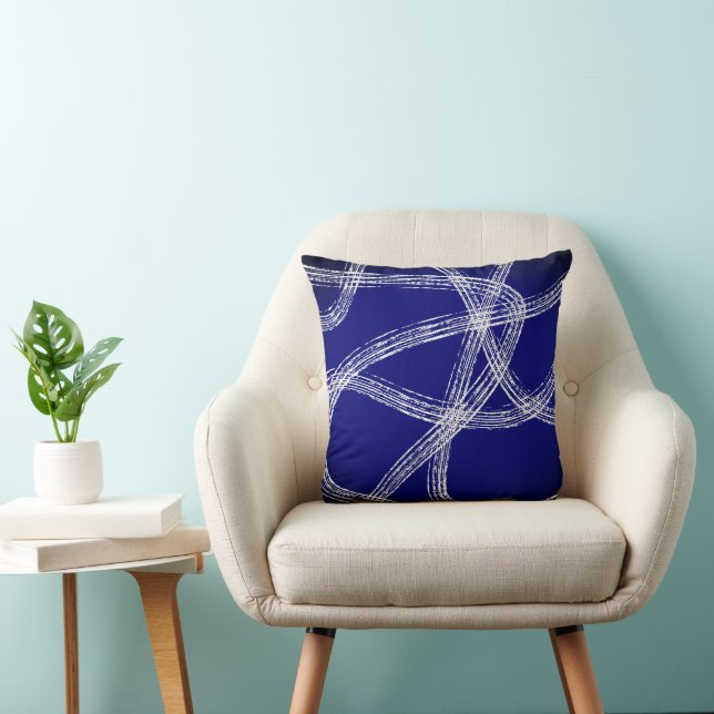 bold abstract art white lines on dark blue  throw pillow (Chair)