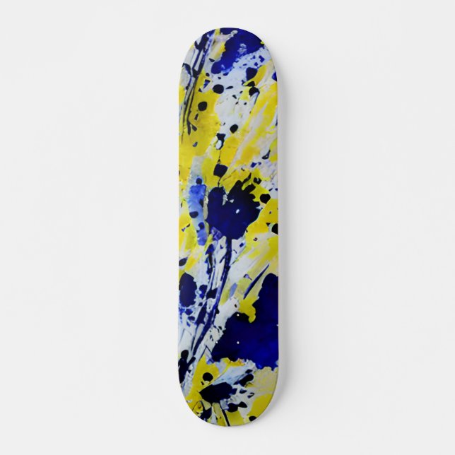 Bold Abstract Blue Yellow Paint Splash Skateboard (Front)