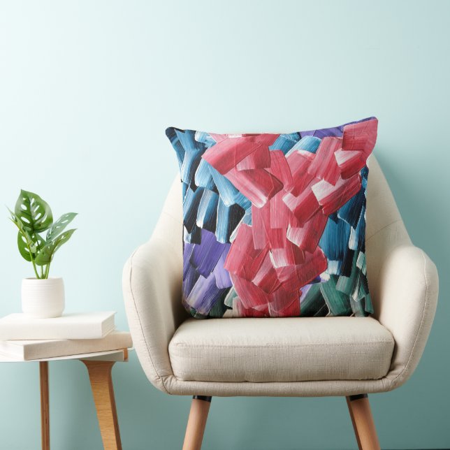Bold Abstract Brush Strokes in Red and Blue Throw Pillow (Chair)