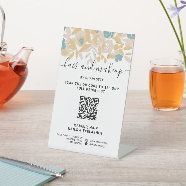 Bold abstract chic floral makeup digital QR price Pedestal Sign (In SItu)