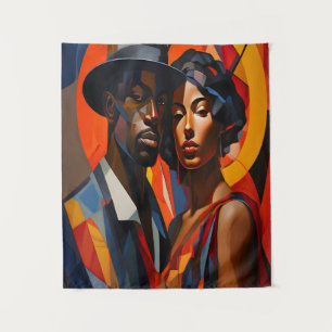 Bold Abstract Cubism Couple Portrait – Modern Art Tapestry