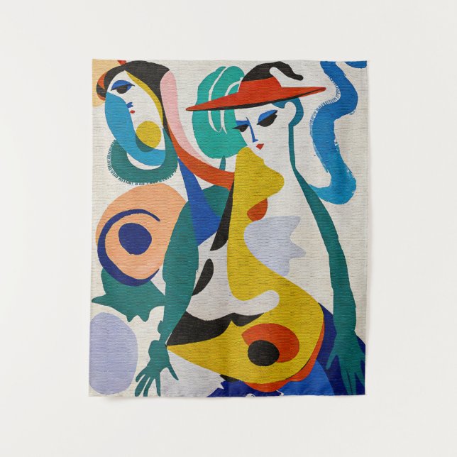Bold Abstract Cubism Surreal Figures Painting Tapestry (Front)