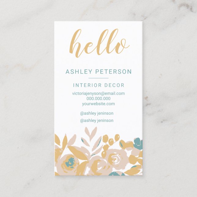 Bold abstract floral interior decor hello script business card (Front)