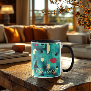 Bold Abstract Geometric - Personalized Teal &  Red Mug