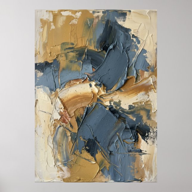 Bold Abstract Impasto Blue Gold Earth Tones Expres Poster (Front)