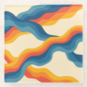 Bold Abstract Orange Blue Retro Wavy Stripe Spring Glass Coaster