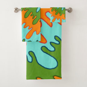 Bold Abstract Orange Green Liquid Drip Wavy Stripe Bath Towel Set