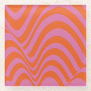 Bold Abstract Orange Pink Wavy Stripe Retro Spring Glass Coaster