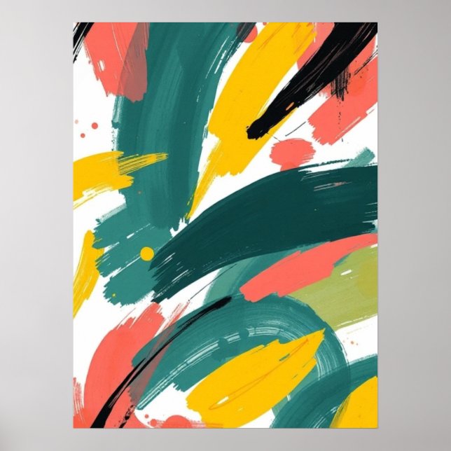 Bold Abstract Strokes Art: Teal & Yellow Poster (Front)