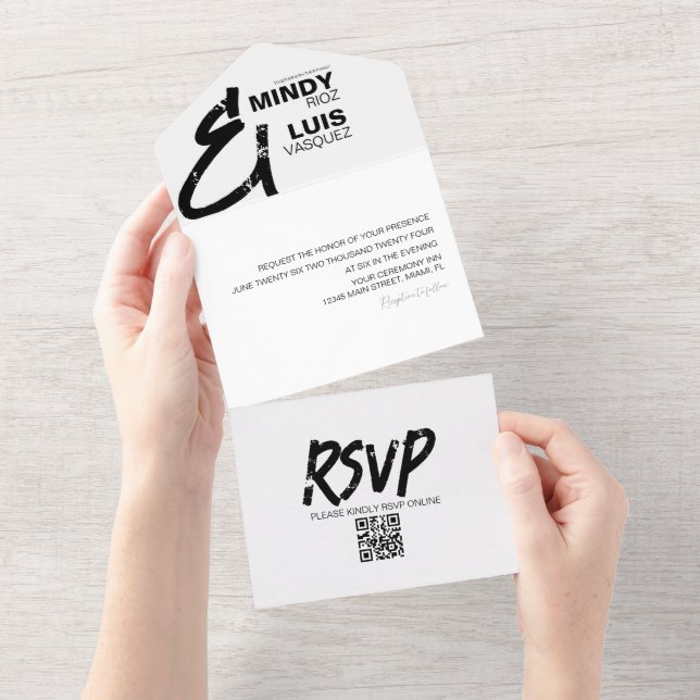 BOLD AMPERSAND Grunge Black White Wedding  All In One Invitation (Tearaway)