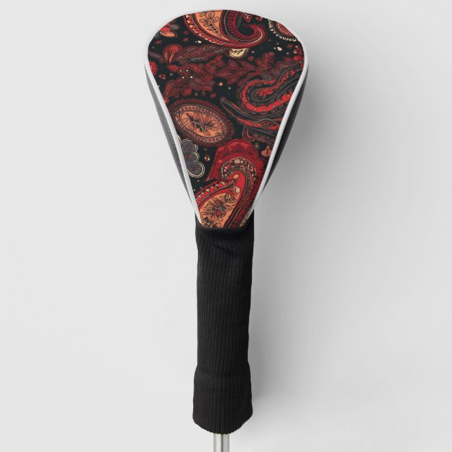 Bold and Beautiful Red Paisley Pattern Design Golf Head Cover (Front)