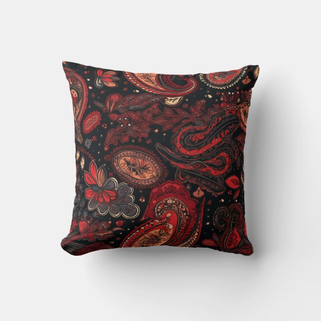 Bold and Beautiful Red Paisley Pattern Design Throw Pillow (Front)