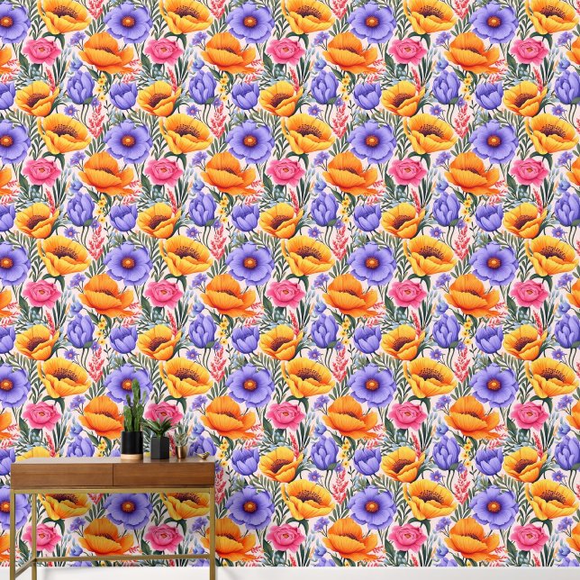 Bold and Bright Purple and Yellow Poppies Wallpaper (Hallway)