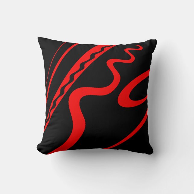 Bold and Bright Red on Black Modern wavy Design Throw Pillow (Front)
