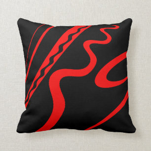 Bold and Bright Red on Black Modern wavy Design Throw Pillow