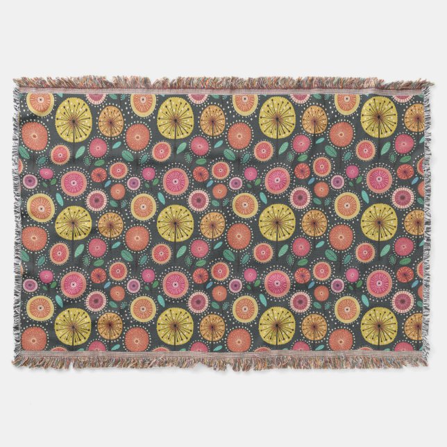 Bold and colourful boho-chic folk floral throw blanket (Front)