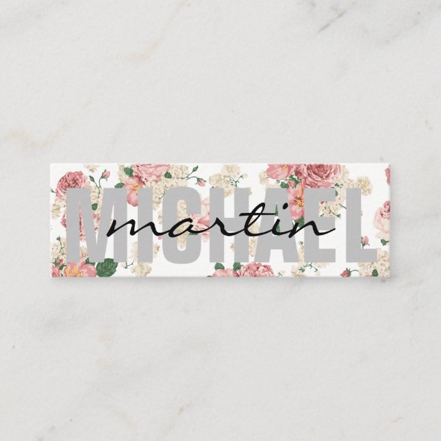 Bold and Cursive Text Floral Pattern Mini Business Card (Front)