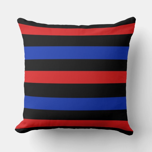 Bold and vibrant red, black and blue stripes patte throw pillow (Front)
