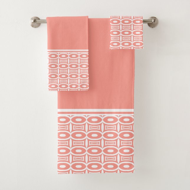 Bold Apricot and White Abstract Geometric Pattern Bath Towel Set (Insitu)