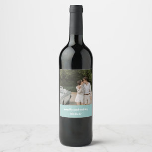 Bold Aqua Blue Retro Custom Wedding Photo Wine Label