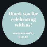Bold Aqua Blue Retro Custom Wedding Thank You  Classic Round Sticker<br><div class="desc">Add a special touch to your wedding favours with these elegant thank-you stickers. Featuring a soft aqua blue background and modern typography, these customizable stickers are perfect for sealing favour bags, gift boxes, or envelopes. Personalize with names and the wedding date for a thoughtful finishing detail your guests will appreciate!...</div>