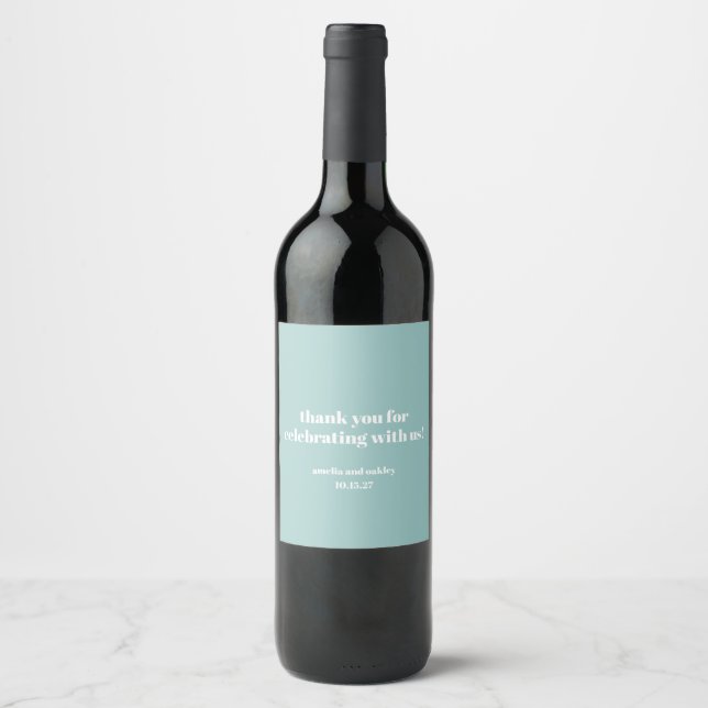 Bold Aqua Blue Retro Custom Wedding Thank You  Wine Label (Front)