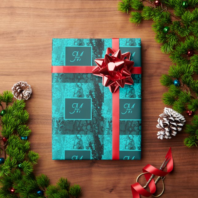 Bold Aqua Teal Marble Monogram  Wrapping Paper (Holiday Gift)